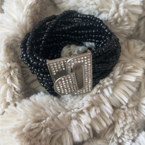 Women’s Black Beaded Buckle Multi Twisted Strand Bracelet Cuff - Picture 2 of 10